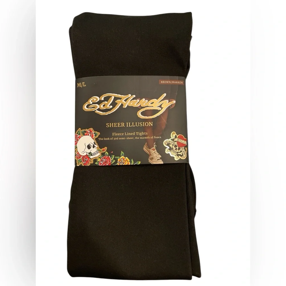 Ed Hardy Sheer Illusion Brown Fleeced Lined Tights Size M/L